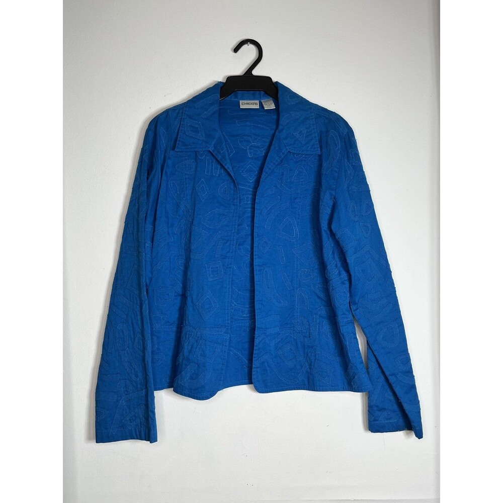 Chico's Jacket Womens Size M 1 Blue Embroidered Applique Open Front Geometric